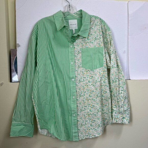 AVEC LES FILLES Cotton Floral Striped Oversized Mixed Print Shirt Button Up Top - Picture 6 of 11